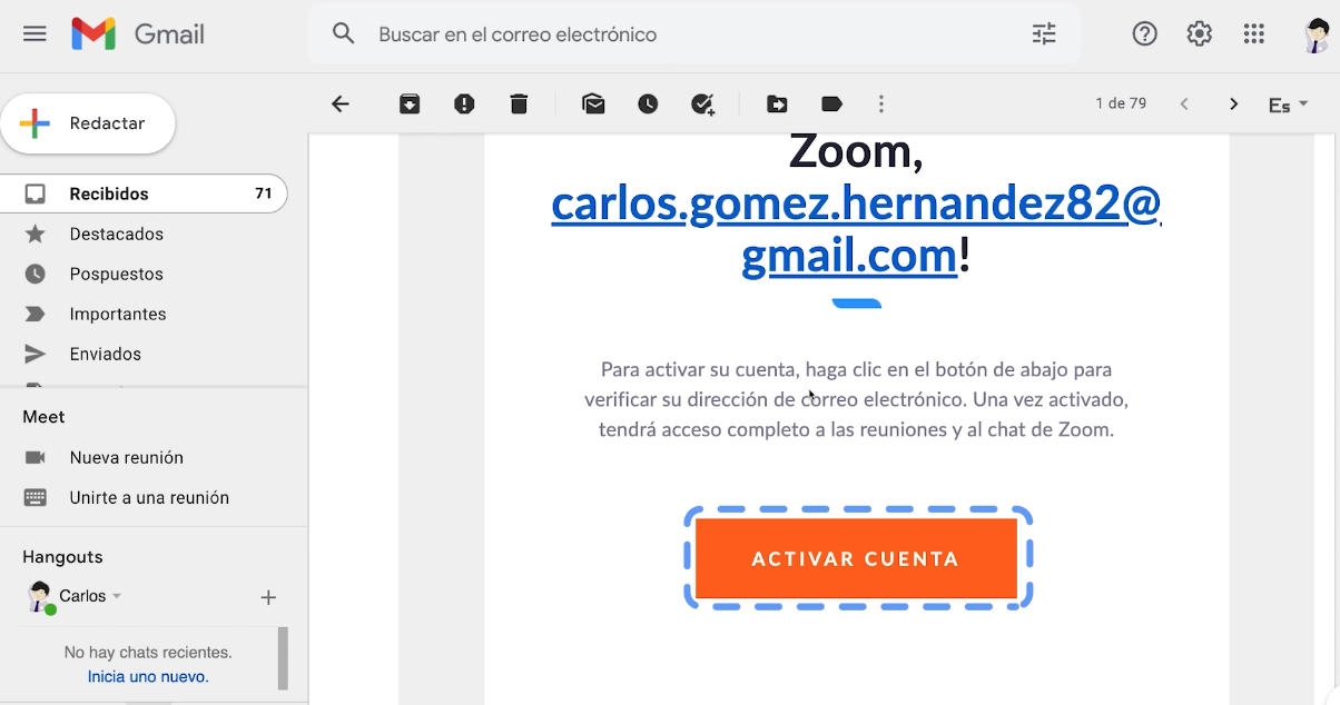 Hacer clic en botón naranja Activar cuenta desde correo electónico